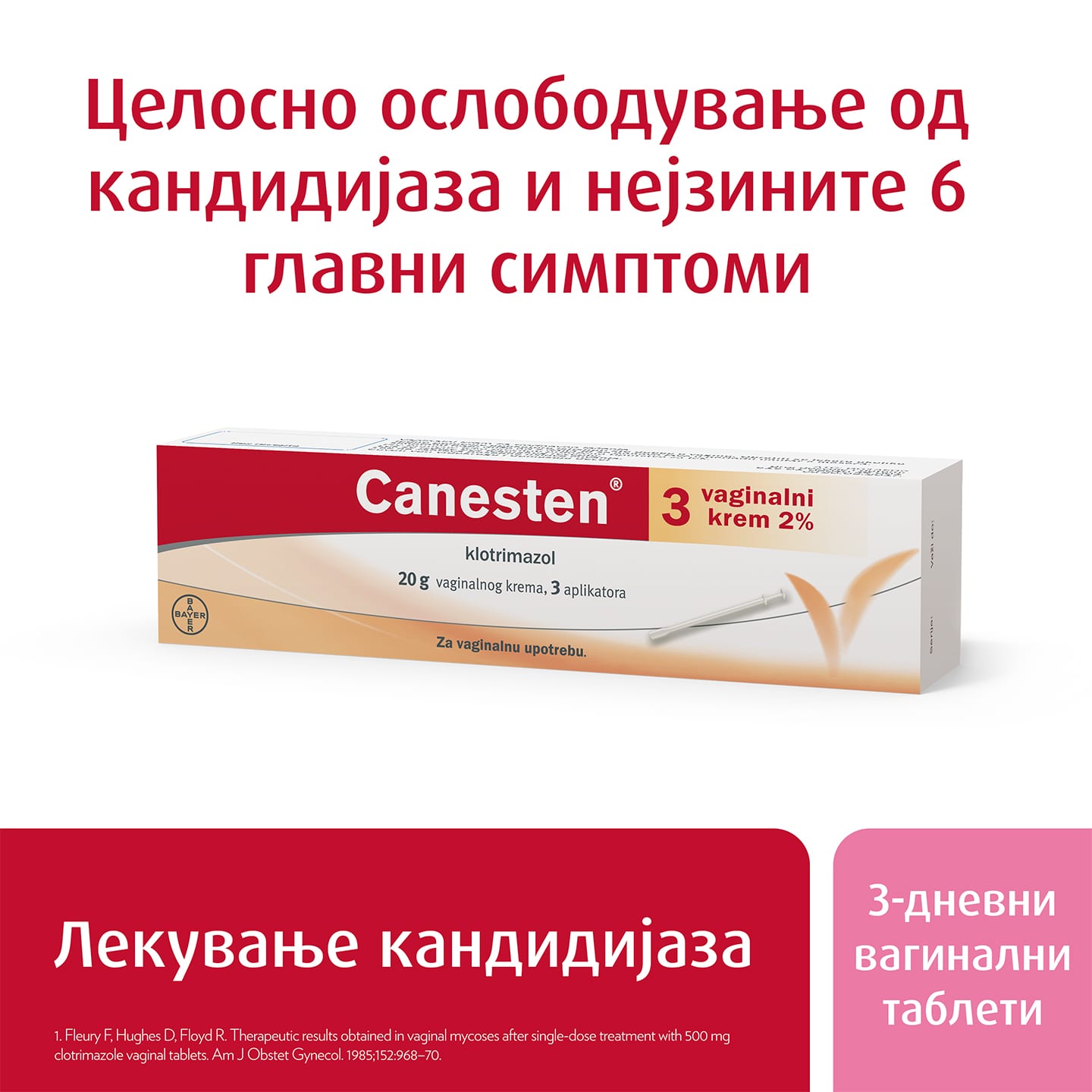 3-дневно лекување на кандидијаза со крем: Canesten® 3 вагинален крем, со натпис озгора: Ефикасно ослободување од кандидијаза и нејзините 6 главни симптоми1  