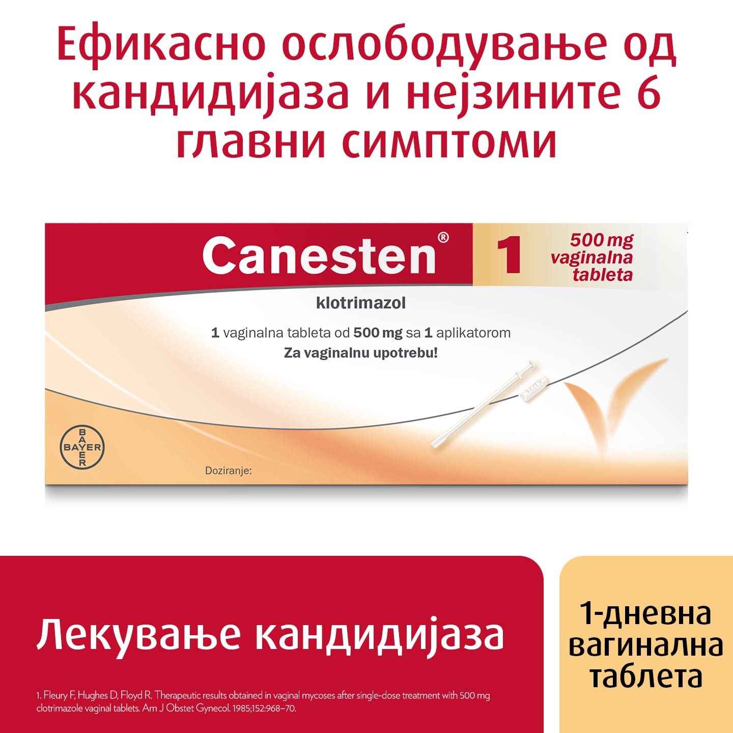 Лекување на кандидијаза: Канестен® 1 вагинална таблета, со натпис озгора: Ефикасно ослободување од кандидијаза и нејзините 6 главни симптоми